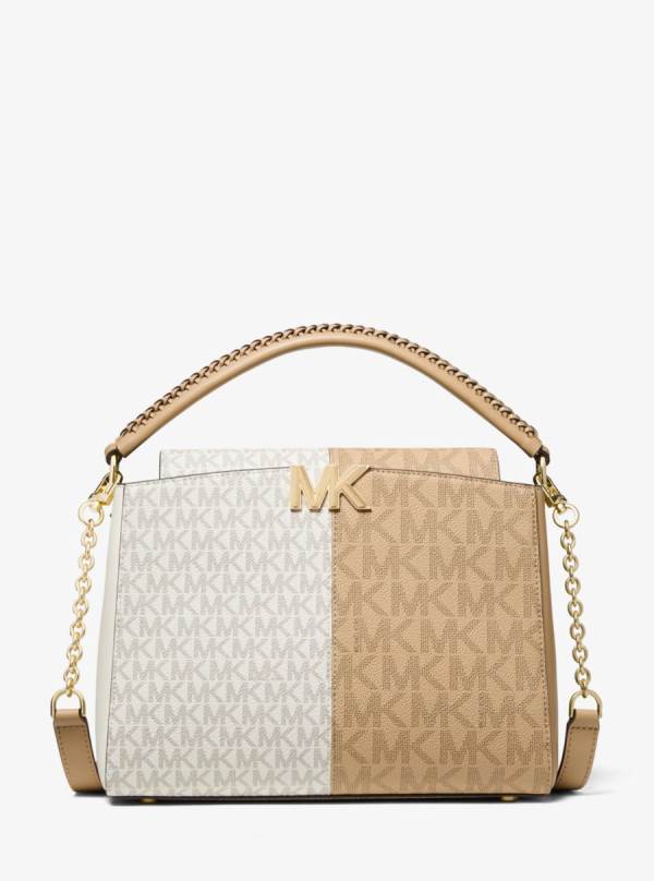 Damske Satchel Taske Michael Kors Karlie Medium Two-Tone Graphic Logo Biele Hnedožltý - Kabelky Michael Kors Obchod | JDPGZ-0743